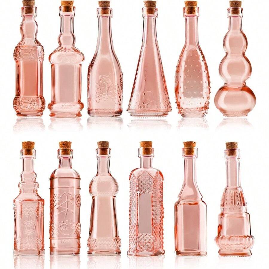 Small Mini Reddish Vintage Glass Bottles With Corks Mini Vases Decorative Potion Assorted Design Set Of 12 Pcs 4.6 Inch Tall 11.43cm 1.4 Inch Wide (3.56cm) - Red - View 1