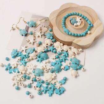 120pcs/Set Ocean Style Beads Kit, Cream White + Fresh Blue Sea Turtle/Starfish/Round Beads DIY Set, Handmade Bracelet Necklace Jewelry Supplies, Cute & Minimalist Loose Beads