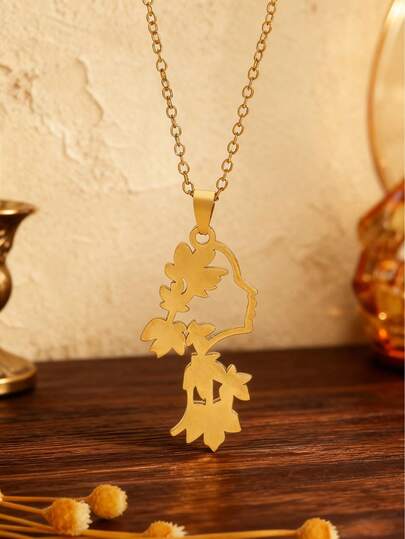 1pc Fashionable Minimalist Stainless Steel Hollow Human Figure & Flower Pendant Necklace, Suitable For Women's Daily And Vacation Wear