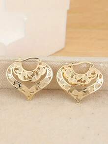 1 Pair Classic Elegant Hollow Heart Hoop Earrings, Suitable For Women's Fashion Jewelry, Wedding And Birthday Gifts - Gold - View 4