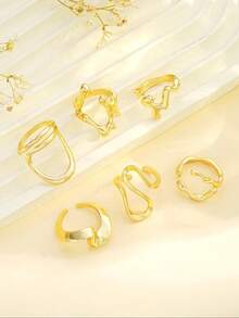 17KM Set de 6 anillos metálicos con acabado brillante, con forma asimétrica de flor y perlas falsas, en estilo vintage retro, adecuados para uso diario, vacaciones, citas, fiestas, regalos, días festivos, banquetes y cumpleaños de mujeres