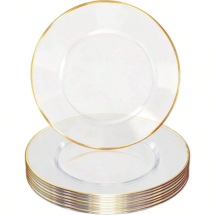 D13 Inch Charger Plates 8 Pack Clear Charger Plates With Gold Rim Heavy Duty Disposable Plastic Chargers For Dinner Elegant Dining Wedding Party Formal Event Decoration 8 Gold - Vàng - Xem 1
