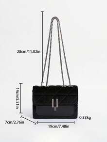 优雅女士链条单肩包，绗缝PU皮革斜挎包，奢华简约腋下邮差包，格子图案，可机洗 - 涤纶衬里 - 黑色 - 查看 4