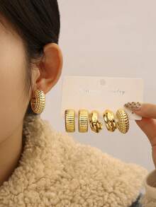12pcs Geometric Hoop Earrings Set For Women, Fashionable Everyday Versatile Earrings, Retro Style, Party Personalized Creative Jewelry Gift - Gold - View 6
