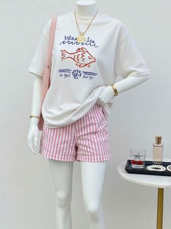 富含维生素海洋对你有益，鱼，女士夏季休闲宽松短袖T恤上衣，中国新年，农历新年，马年，春节，新年快乐，情人节，情人节礼物，送给她的情人节礼物