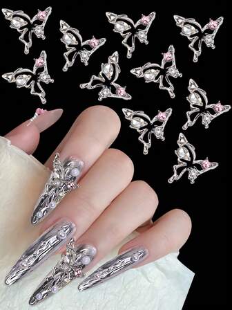 10颗蝴蝶美甲饰品 3D 奢华蝴蝶美甲宝石 银色蝴蝶粉色美甲闪亮水钻 适用于亚克力指甲 美甲用品 美甲宝石 女士女孩美甲