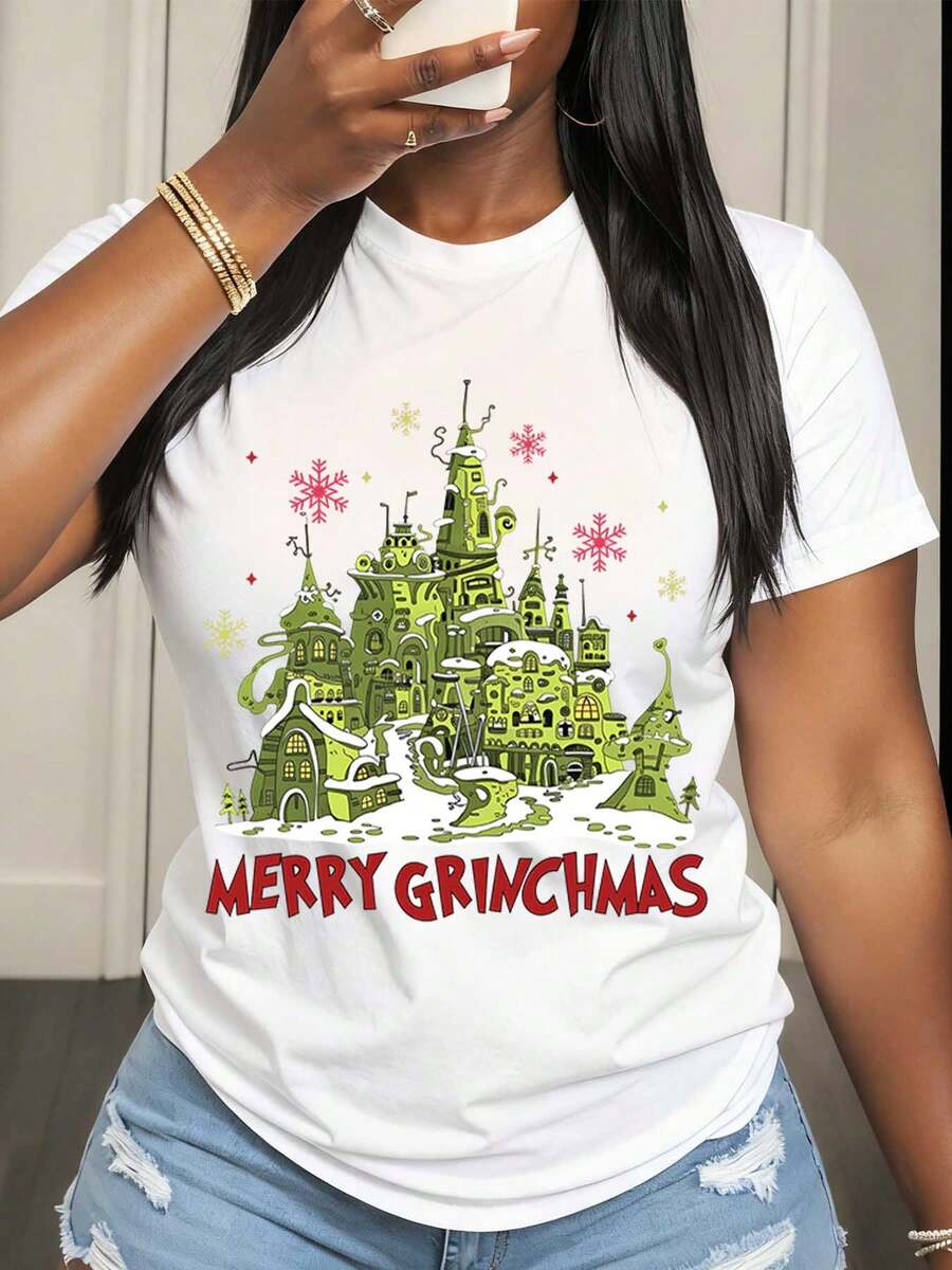 Women's Green Grinches Castle Merry Grinchmas Funny Print T-Shirt Soft Casual Round Neck Top Perfect Holiday Gift For Christmas Party And Festive Occasions - 白色 - 查看 1