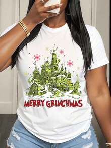 Women's Green Grinches Castle Merry Grinchmas Funny Print T-Shirt Soft Casual Round Neck Top Perfect Holiday Gift For Christmas Party And Festive Occasions - 白色 - 查看 6