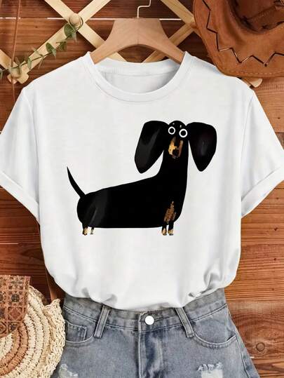 1PC 100% Cotton Cute Dachshund Graphic Print Women's Short Sleeve TShirt, Casual Summer Top, Funny Dog Lover Tee  Everyday Wear Comfort