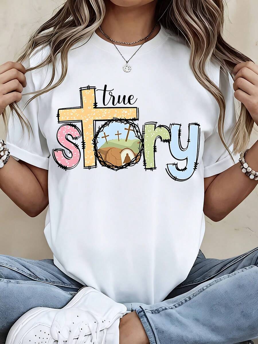 True Story Easter Christian T-Shirt With Cross And Empty Tomb Design For Women Religious Faith Inspired Graphic Tee Spring Summer Casual Wear White Top For Church Events And Daily Outfits - White - View 1