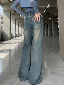 YEAE | 女士休闲直筒牛仔裤，带纽扣和拉链细节，长款无弹力面料，适合日常风格 - 霧霾藍 - 查看 3