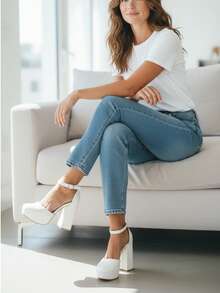Zapatillas altas para mujer, tacón alto ancho, cerradas, con correa tobillo, punta redonda, para eventos, fiestas, bodas, cómodas, hebilla redonda. Primavera-Verano - Blanco - Ver 5