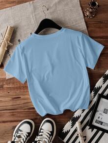 Women's Y2K Style Geometric Pattern Solid Color Round Neck Loose Casual Short Sleeve T-Shirt, Summer - Dusty Blue - View 2