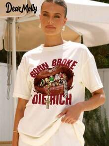 Born Broke Die Rich Lips Alphabet Printed Women's Tops Heavy Metal Wear Street Fashion T-Shirt Round Neck Short Sleeve Loose Apparel Summer Promotions Men And Women Can Wear Daily Casual Wear - White - View 3