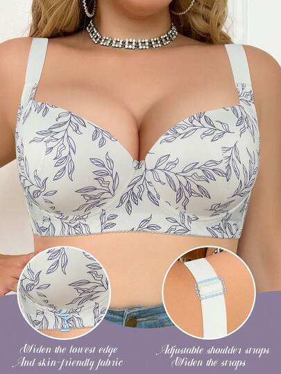 Plus Size Women's Leaf Print Underwire Push Up Bra - Breast Enhancing, Lift Support & Side Support, Sexy & Comfortable, Fashionable For Curvy Daily Confidence