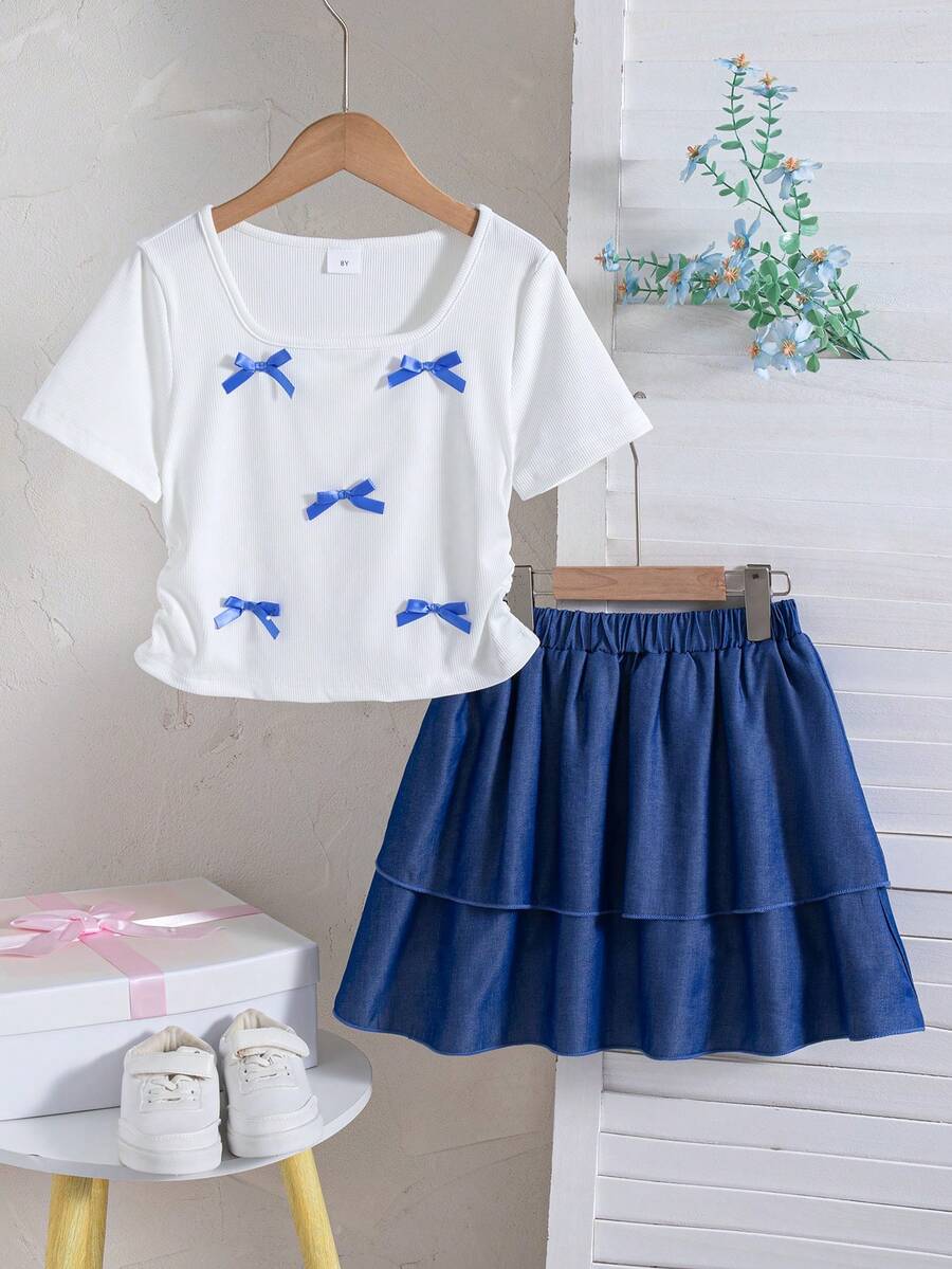 Bộ 2 áo thun tay ngắn cổ vuông màu trơn trang trí nơ và chân váy mini cho bé gái, mùa hè - Màu xanh lam - Xem 1