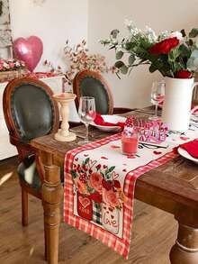 1 pièce Chemin de table, Chemin de table de la Saint-Valentin, Chemin de table imprimé de cœurs rouges à carreaux de buffle et de roses pour la Saint-Valentin, Anniversaire, Banquet de mariage, Décoration de table romantique, Décoration de table à manger