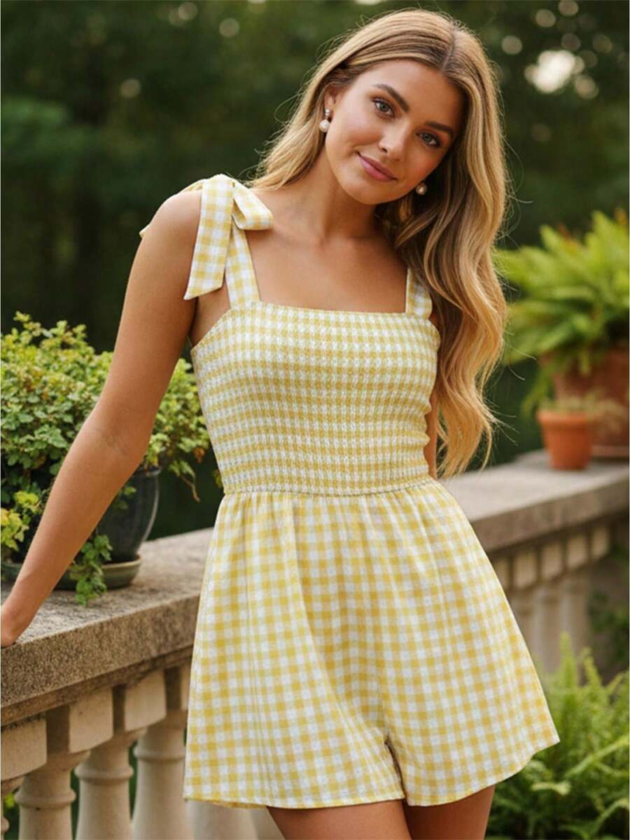 Women's Summer Spaghetti Strap Jumpsuit Sleeveless Wide Leg Plaid Shorts Overalls - Màu vàng - Xem 1