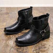 时尚机车风黑色切尔西踝靴，男士复古做旧皮革皮带扣装饰，防滑粗跟踝靴，适合日常通勤，男士高帮皮鞋 - 黑色 - 查看 2