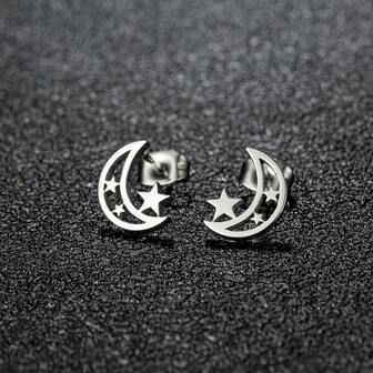 1 Pair Stainless Steel Star Stud Earrings, Simple And Elegant Daily Jewelry Gifts, Moon Earrings, Engagement Earrings, Wedding Gifts