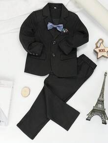 3pcs Kids Gentleman Suit Set, Including Jacket, Pants And Bow Tie, Formal Wear For Boys, Spring/Autumn - الأسود - مشاهدة 9