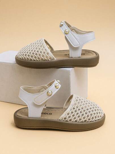 2025 New Beige Lightweight Luxurious Pearl Girls Sandals, Beige Mesh Breathable Material, Adjustable Pearl Straps, Wide Fit Non-Slip Soft Bottom Flat Sandals, Sweet Style, Must-Have Summer Item