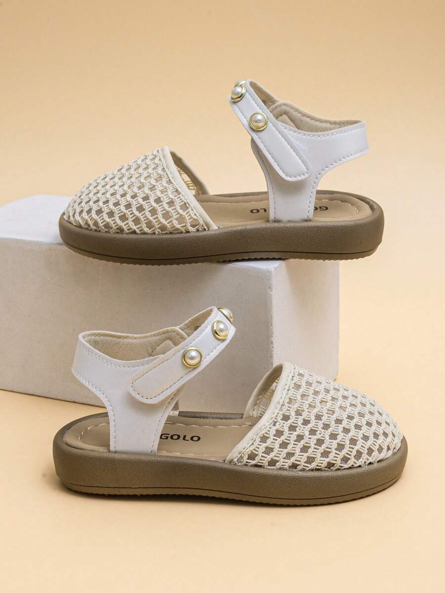 2025新款米色轻盈奢华珍珠女童凉鞋，米色网眼透气材质，可调节珍珠绑带，宽楦防滑软底平底凉鞋，甜美风格，夏季必备单品 - 米色 - 查看 1