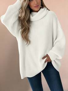 大码女式时尚简约粉色高领长袖套头毛衣，宽松休闲针织上衣，适合情人节和日常穿着 - 白色 - 查看 2