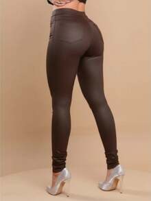 Women's High-Waisted Tummy Control Pants With Satin Fabric And Gold Front Zipper - 鏽棕色 - 查看 3