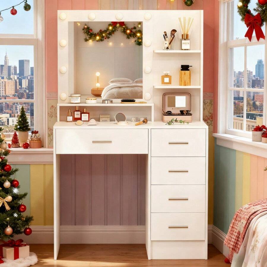 5 Drawers Dressing Table With 10 LED Lights Mirror Vanity Make Up Desk Modern - White - View 1