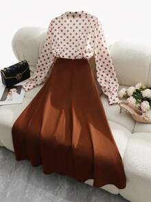 Franclia Elegant Fashion Glossy Fabric Top And Pleated Mid-Length Skirt 2 Pieces Set, Suitable For Autumn/Winter - Light Brown - View 7