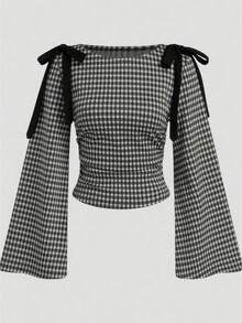 Women Gingham Long Sleeve Top Bowknot Shirt Cute Bow Ruched Long Sleeve Boat Neck Slim Fit Top Going Out Streetwear Elegant Dressy Blouse Aesthetic Clothes - 黑色 - 查看 1