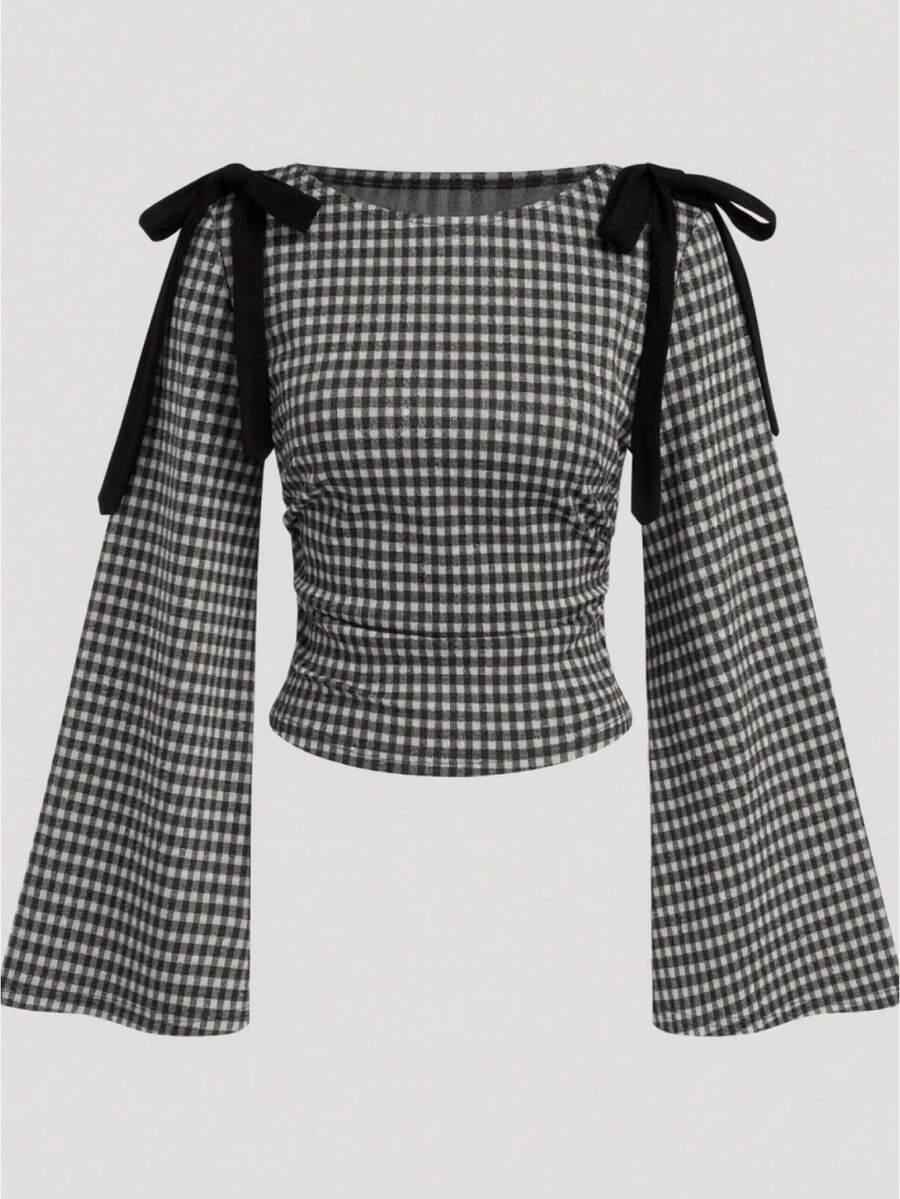 Women Gingham Long Sleeve Top Bowknot Shirt Cute Bow Ruched Long Sleeve Boat Neck Slim Fit Top Going Out Streetwear Elegant Dressy Blouse Aesthetic Clothes - 黑色 - 查看 1