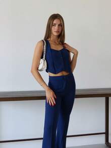Two Pieces Suit Chic Black Cropped Vest & High-Waist Trousers Set - Blue - View 6