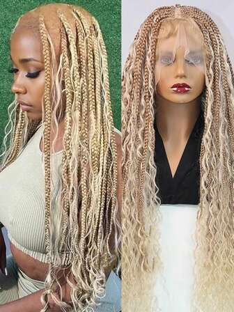 A ANYTIME 合成全蕾丝波西米亚风辫子假发，盒式辫女神假发，卷发渐变金色玉米辫假发