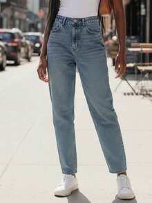 High-Waisted Rigid Denim Mom Fit Jeans - Authentic Wash 100% Coton, Made In Türkiye - Blue - View 2