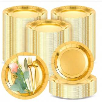 100/50pcs Gold Heavy Duty Reusable Plates - Elegant Polished Metal Rim, Thick Paperboard Material Suitable For Weddings, Birthday Parties, Banquets - Spill-Proof Tabletop Decor, Easy To Clean