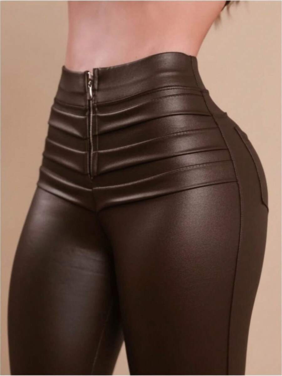 Women's High-Waisted Tummy Control Pants With Satin Fabric And Gold Front Zipper - 鏽棕色 - 查看 1
