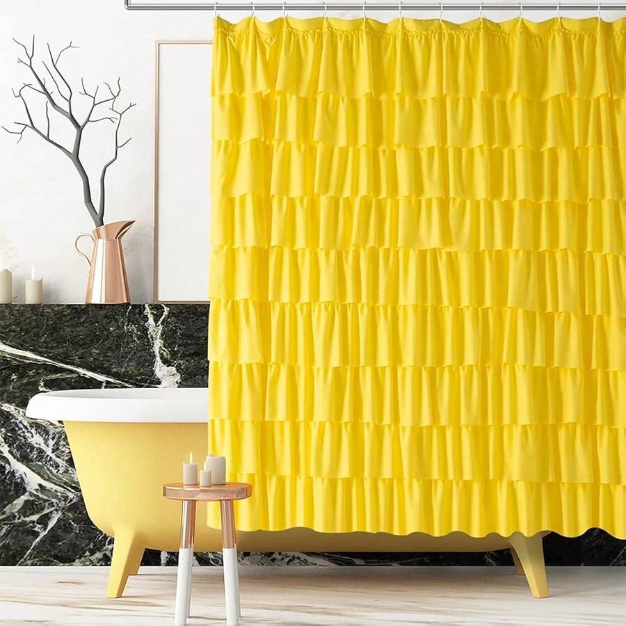 Ruffle Shower Curtain, 72-Inches Extra Long, Yellow Ruffled Bath Curtains For Bathroom, Fabric Farmhouse Decor, Soft Touch Decorative Cloth Textured, (72 Inch Wide,1 Panel),72inchWx72inchL(Packof1),Yellow - Yellow - View 1