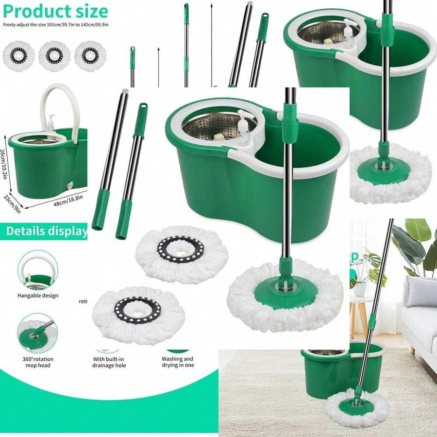 Spin Mop Bucket With Quick Dry System, 360° Microfiber Mop Heads, Adjustable Stainless Steel Handle, For Living Room, Bedroom, Bathroom,Floor Cleaning Spin Mop - Mặc định - Xem 1