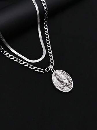 1pc Vintage Stainless Steel Virgin Mary Pendant Necklace, Unique 3D Embossed Design, Layered Wear, High-End Gift For Men
