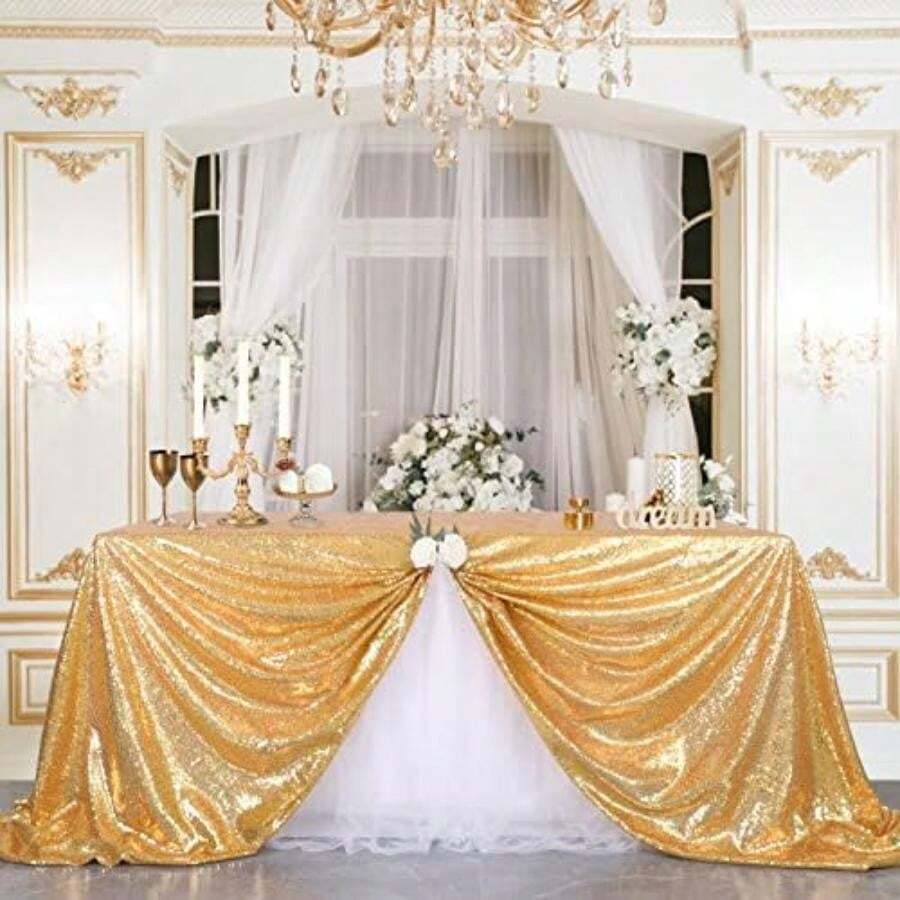 B-COOL - Mantel Rectangular de Lentejuelas para San Valentín, Navidad, 60 x 102 Pulgadas, sin Costuras, Tela de Lentejuelas Rojas, para decoración(127 x 127 cm (Cuadrado) Oro) - Multicolor - Ver 1