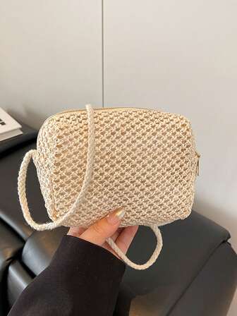 Sac Boston tressé beige, sac fourre-tout à anses nouées, sac bandoulière mini polyvalent au style vacances fraîches pour femmes
