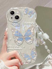 1pc Butterfly Bracelet + Light Blue Anti-Drop TPU Phone Case Compatible With IPhone - Baby Blue - View 4