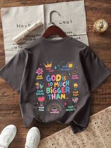 Young Girl Casual Graphic Print Crew Neck Short Sleeve T-Shirt, Summer Top - Dark Grey - View 4