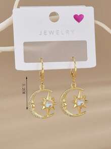 一对时尚立方氧化锆星月不锈钢耳环，金色耳环，女士礼物，不锈钢首饰，女士配饰，夏季，度假，派对 - 金黃色 - 查看 3