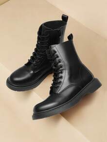 Women Lace-Up Combat Boots Ankle Booties Round Toe With A Lace-Up Front And Side Zipper Retro Motorcycle Boots - BLACK-MATTE - 查看 4