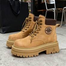 Botas cortas con suelas y tacones gruesos en estilo clásico para mujeres - Amarillo - Ver 4