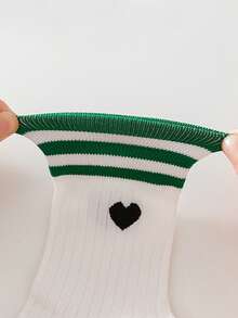 5 pares de calcetines hasta el tobillo para mujer con bloques de color, decoración de corazón, estilo lindo y dulce, casual, deportivo y escolar - Multicolor - Ver 7