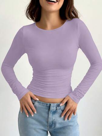 Camiseta casual de manga larga, de corte slim y cuello redondo para mujer